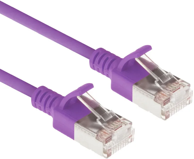 Paarse 1 meter LSZH U/FTP CAT6A datacenter slimline patchkabel snagless met RJ45 connectoren von ACT in Lila – Produktfoto