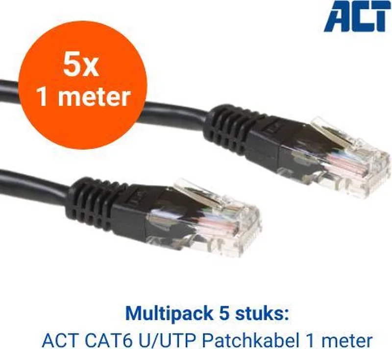 UTP Kabel Cat 6 – Netwerkkabel 1 meter – Multipack Ethernetkabel 5 stuks by ACT in Zwart 5 stuks – product photo