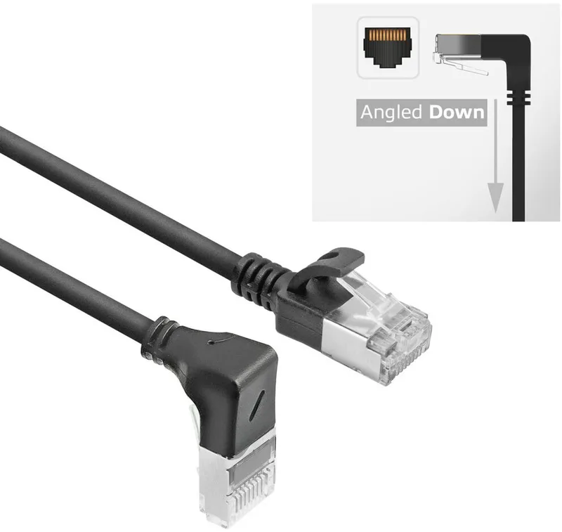 Zwarte 0.15 m U/FTP CAT6A LSZH Slimline patchkabel met RJ45 connectoren recht naar 90° haaks rechts DA3930 fra ACT i Sort – produktbillede