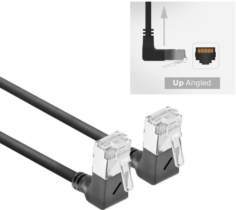 Zwarte 0,15 meter U/FTP CAT6A LSZH Slimline patchkabel met RJ45 connectoren 90° haaks boven naar 90° haaks boven DA6930 fra ACT i Sort – produktbillede