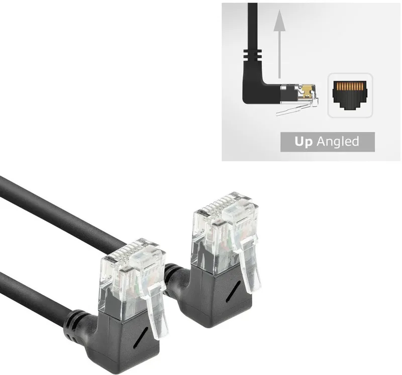 Zwarte 0,15 meter U/UTP CAT6A LSZH Slimline patchkabel met RJ45 connectoren 90° haaks boven naar 90° haaks boven DD6930 by ACT in Black – product photo