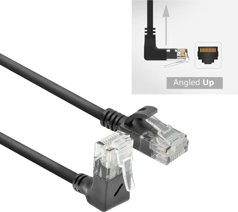 Zwarte 0,15 meter U/UTP CAT6A LSZH slimline patchkabel met RJ45 connectoren, recht naar 90° haaks boven DC4930 by ACT in Black – product photo