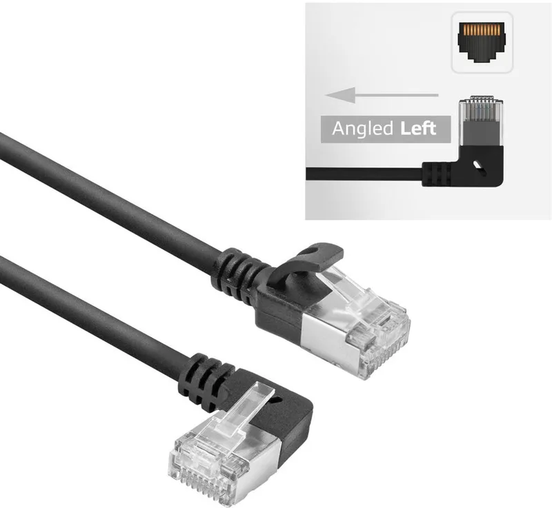 Zwarte 0,25 meter U/FTP CAT6A LSZH Slimline patchkabel met RJ45 connectoren recht naar 90° haaks links DA1952 by ACT in Black – product photo