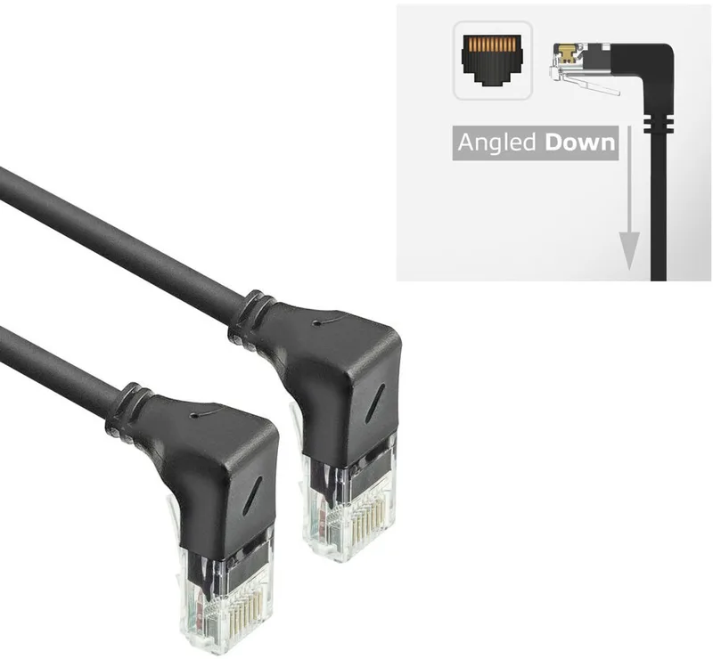 Zwarte 0,25 meter U/UTP CAT6A LSZH Slimline patchkabel met RJ45 connectoren 90° haaks beneden naar 90° haaks beneden DD5952 von ACT in Schwarz – Produktfoto