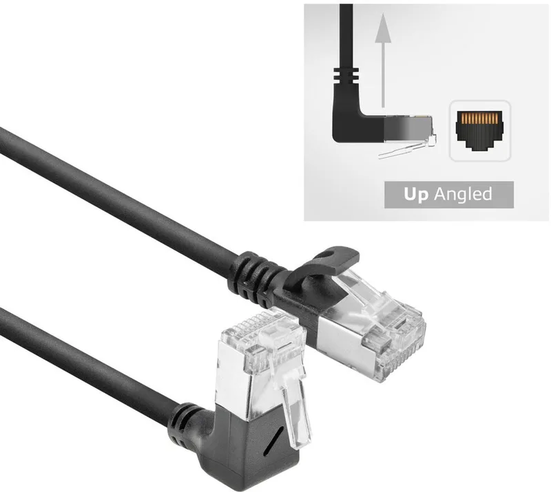 Zwarte 1,5 meter U/FTP CAT6A LSZH Slimline patchkabel met RJ45 connectoren recht naar 90° haaks boven DA4951 by ACT in Black – product photo