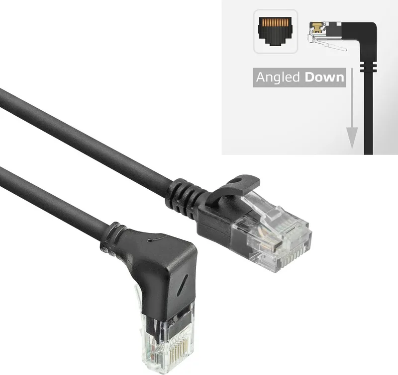 Zwarte 1,5 meter U/UTP CAT6A LSZH slimline patchkabel met RJ45 connectoren, recht naar 90° haaks beneden DC3951 från ACT i Svart – produktbild