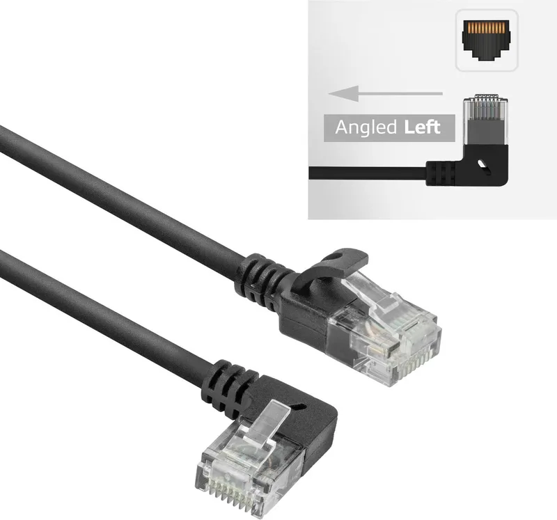 Zwarte 1,5 meter U/UTP CAT6A LSZH slimline patchkabel met RJ45 connectoren, recht naar 90° haaks links DC1951 från ACT i Svart – produktbild