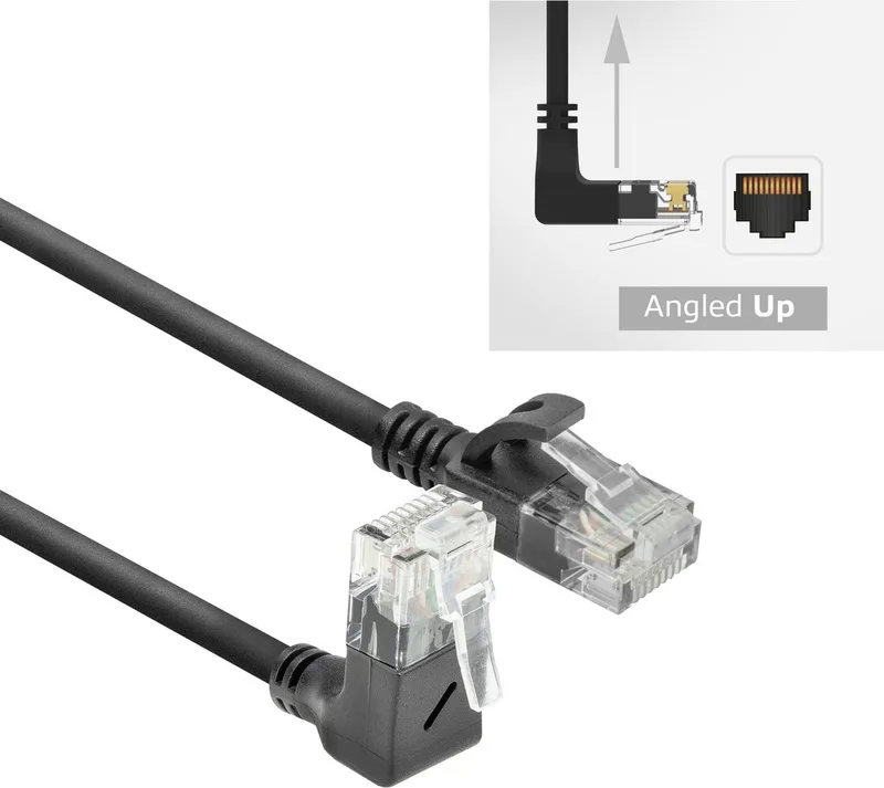 Zwarte 1 meter U/UTP CAT6A LSZH slimline patchkabel met RJ45 connectoren, recht naar 90° haaks boven DC4901 de ACT en Noir – photo produit