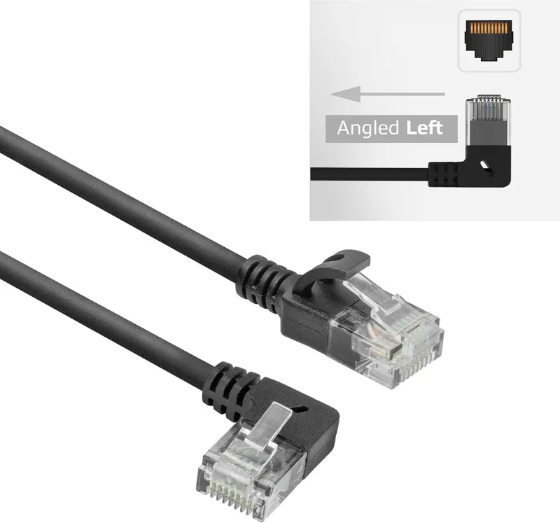 Zwarte 1 meter U/UTP CAT6A LSZH slimline patchkabel met RJ45 connectoren, recht naar 90° haaks links DC1901 by ACT in Black – product photo