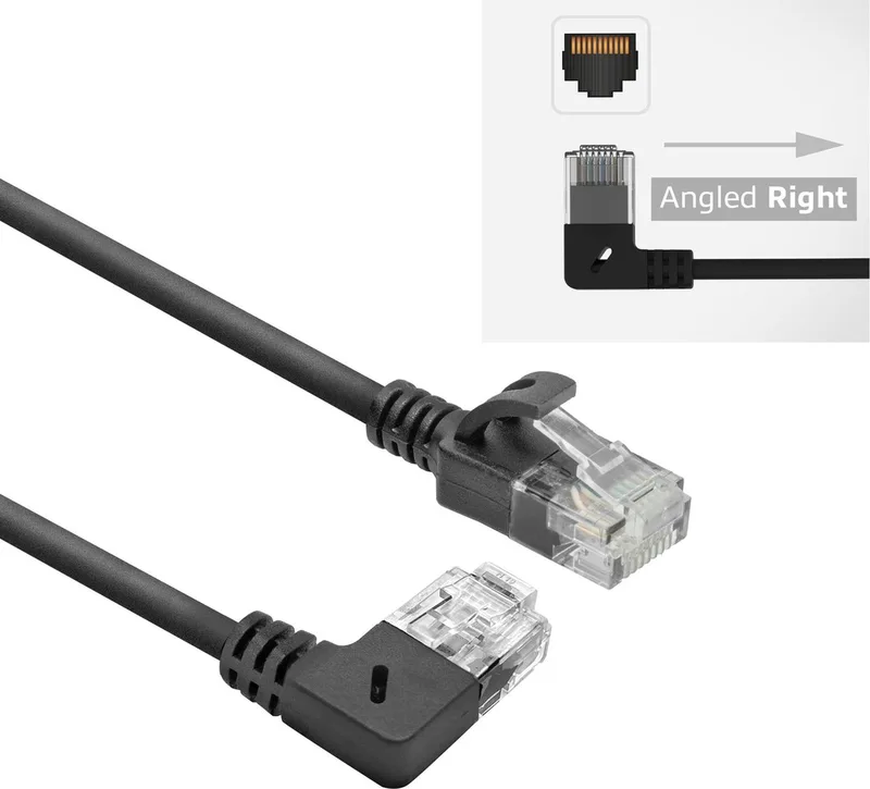Zwarte 2 meter U/UTP CAT6A LSZH slimline patchkabel met RJ45 connectoren, recht naar 90° haaks rechts DC2902 från ACT i Svart – produktbild