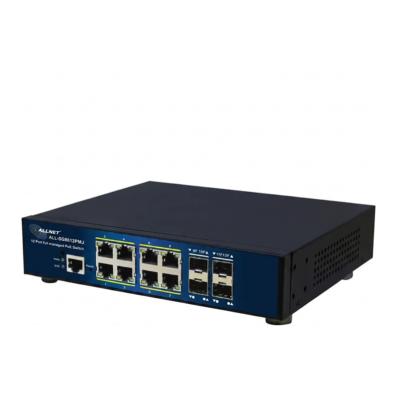 Switch full managed Layer2+ 12 Port â€¢ 8x GbE â€¢ PoE Budget 300W â€¢ 8x PoE at â€¢ 4x SFP â€¢ 10 & 19 â€¢ Lüfterlos â€¢ JSON API â€¢ ALL-SG8612PMJ van ALLNET – productfoto