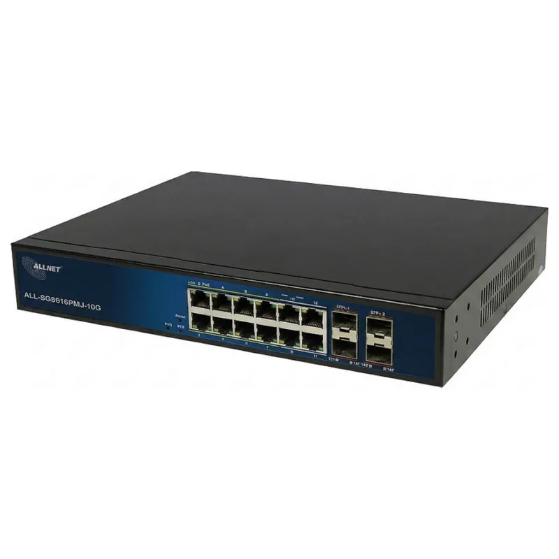 Switch full managed Layer2+ 16 Port â€¢ 12x GbE â€¢ PoE Budget 130W â€¢ 8x PoE at â€¢ 4x Giga LAN â€¢ 4x SFP+ â€¢ 19 â€¢ ALL-SG8616PMJ-10G de ALLNET – photo produit