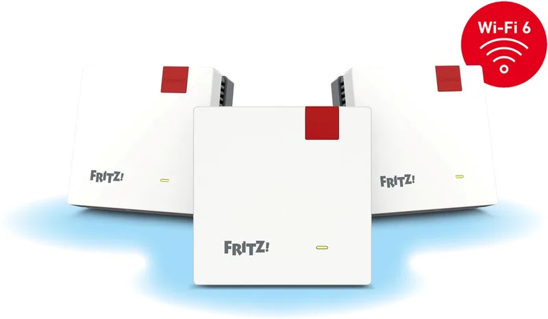 FRITZ!Mesh Wi Fi Set 1600 - Mesh WiFi 6 - WiFi Versterker - 3 Pack - 3000 Mbps - Tot 7 kamers - Naadloze Dekking de AVM en Rouge – photo produit