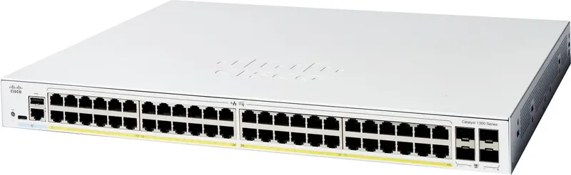 C1300-48P-4G CISCO Catalyst 1300 48-port GE PoE 4x1G Netwerk switch 104 Gbit/s PoE-functie från Cisco i Grå – produktbild