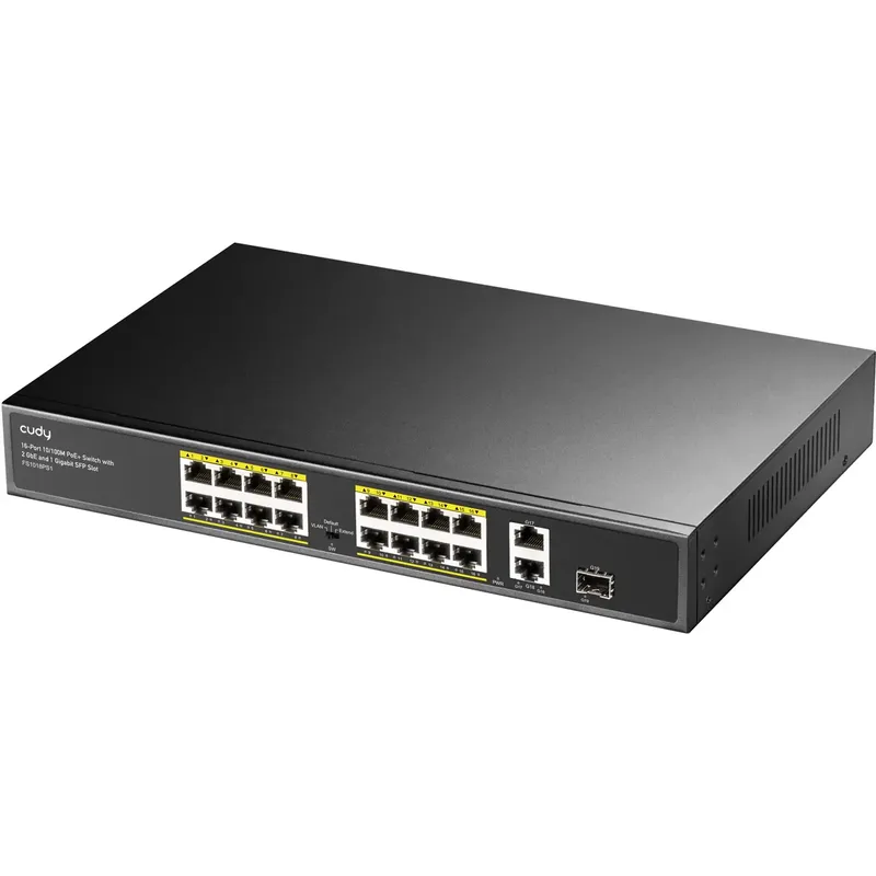 FS1018PS1 16-Port 10/100M PoE+ Switch 2 Gigabit Uplink 1 SFP Port 200W van Cudy – productfoto