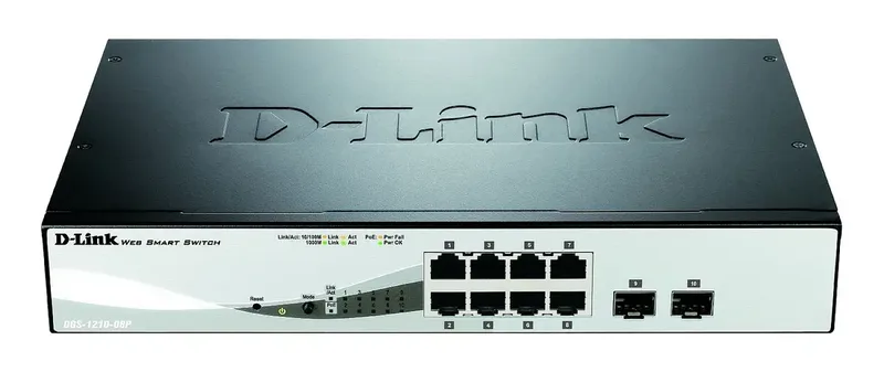 DGS-1210-08P/E DGS-1210-08P/E Netwerk switch 8 + 2 poorten 20 GBit/s PoE-functie van D-Link in Zwart – productfoto