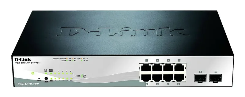 DGS-1210-10P/E DGS-1210-10P/E Netwerk switch 8 + 2 poorten 20 GBit/s PoE-functie van D-Link in Zwart – productfoto
