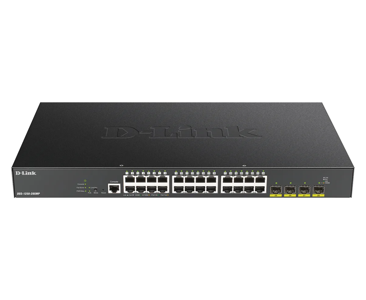 Switch 440mm D-Link DGS-1250-28XMP 4*SFP+/24*GE PoE+ retail van D-Link – productfoto