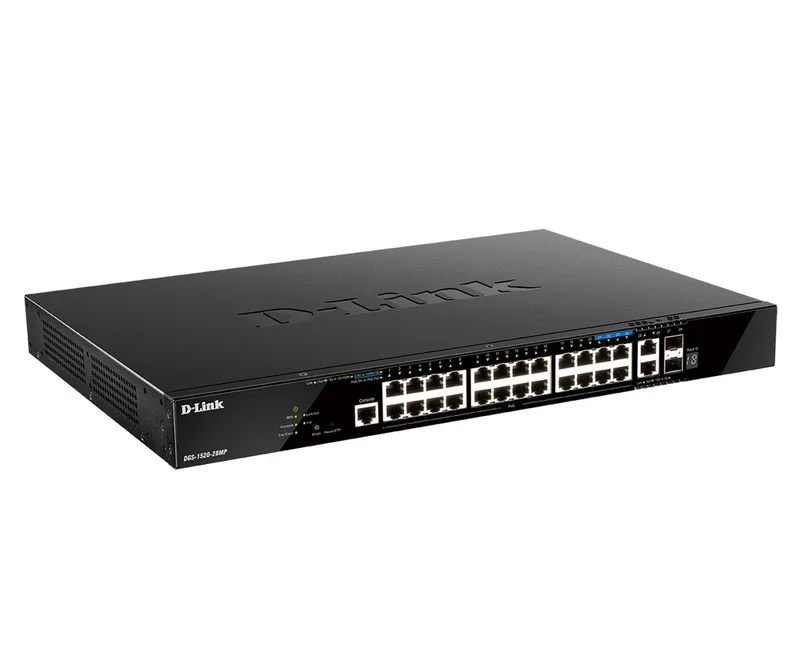 Switch 440mm D-Link DGS-1520-28MP/E 2*SFP+/ 2*XGE/20*GE PoE retail van D-Link – productfoto