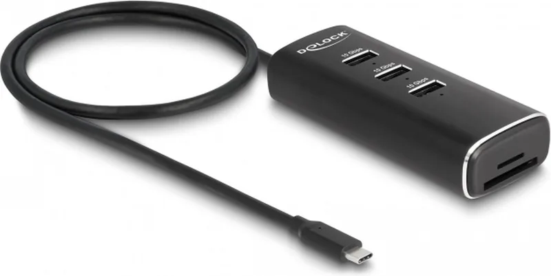 Delock 3 Port USB 10 Gbps Hub including SD and Micro SD Card Reader with USB Type-C™ connector 60 cm Cable and Switch for each port van Delock in Zwart – productfoto