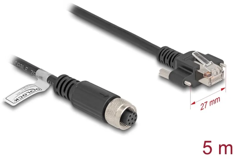 M12 Cable A-coded 8 pin female to RJ45 plug with screws Cat.5e FTP 5 m black von Delock in Schwarz – Produktfoto