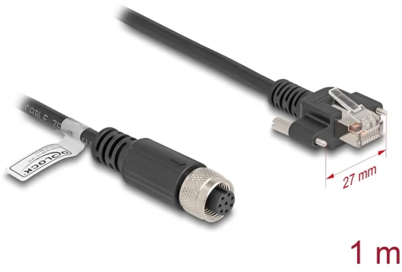 M12 Cable A-coded 8 pin female to RJ45 plug with screws Cat.5e FTP 1 m black de Delock en Noir – photo produit