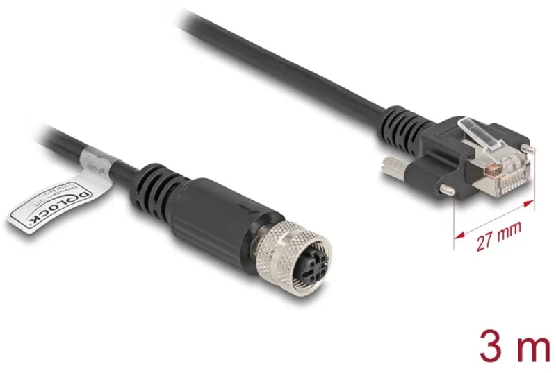 M12 Cable D-coded 4 pin female to RJ45 plug with screws Cat.5e FTP 3 m black by Delock in Black – product photo