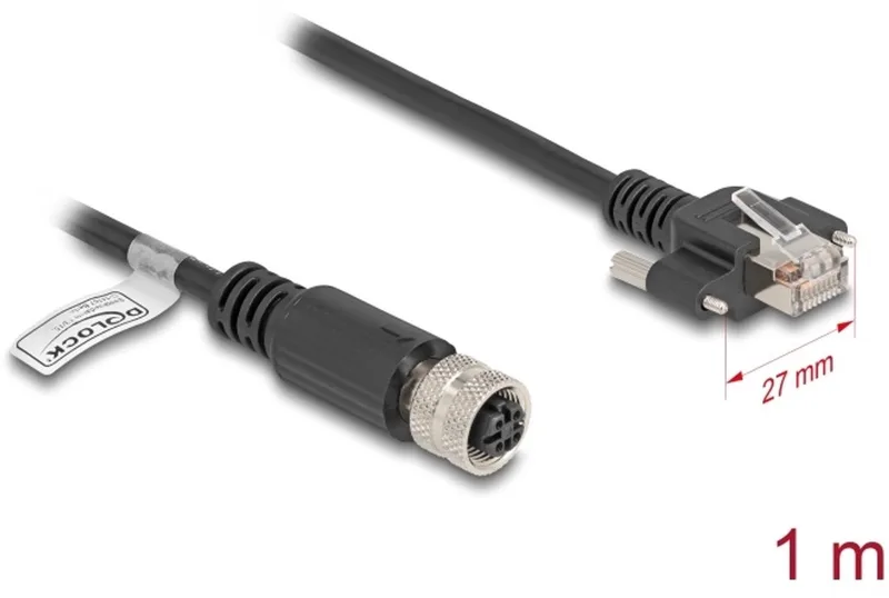 M12 Cable D-coded 4 pin female to RJ45 plug with screws Cat.5e FTP 1 m black de Delock en Noir – photo produit