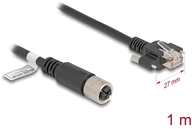 M12 Cable X-coded 8 pin female to RJ45 plug with screws Cat.6A S/FTP 1 m black de Delock en Noir – photo produit