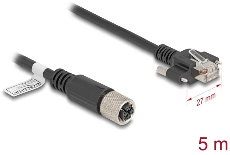 M12 Cable X-coded 8 pin female to RJ45 plug with screws Cat.6A S/FTP 5 m black by Delock in Black – product photo