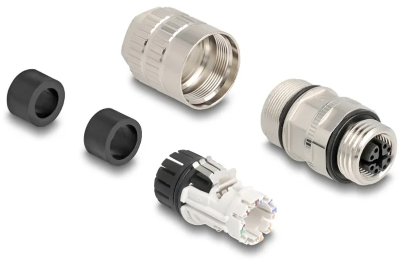 M12 female 8 pin X-coded field assembly Cat.6A de Delock en Noir, Roestvrijstaal – photo produit