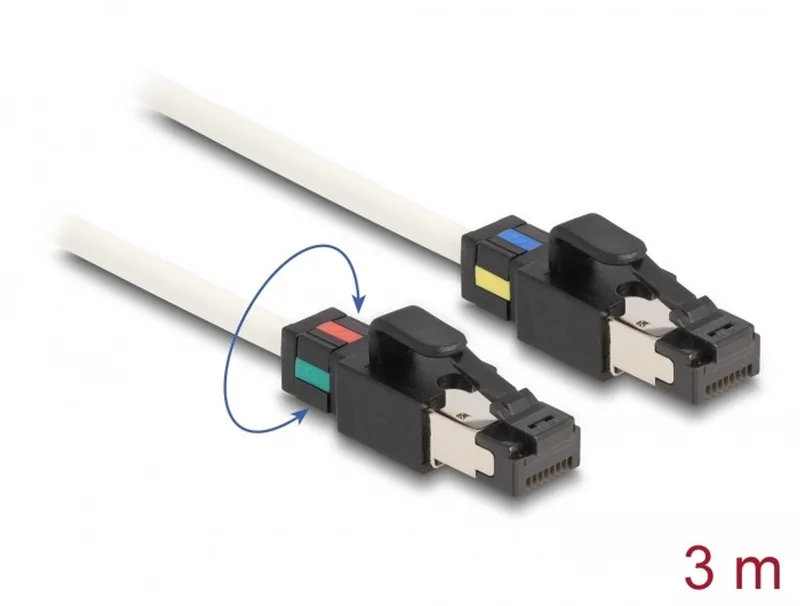 Network Cable RJ45 plug to plug Cat.6A S/FTP with rotatable colour clips 3 m white von Delock in Weiß – Produktfoto