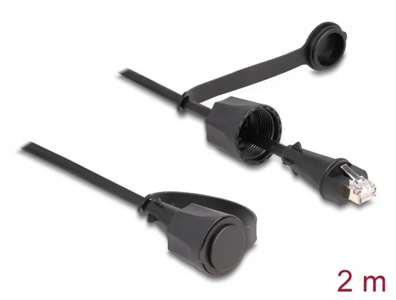 Network Cable RJ45 plug to RJ45 plug Cat.6 STP with protective cap outdoor IP68 dust- and waterproof black 2 m fra Delock i Sort – produktbillede