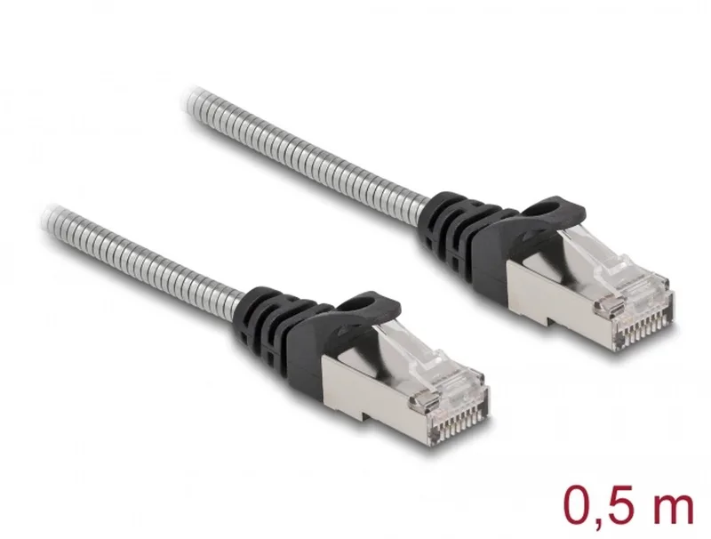 RJ45 Cable Cat.6A U/FTP with metal jacket 0.5 m von Delock in Silber – Produktfoto