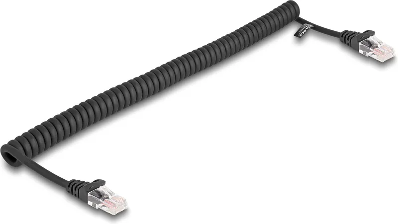 RJ45 Coiled Cable male to male Cat.5e 1 m black by Delock in Black – product photo
