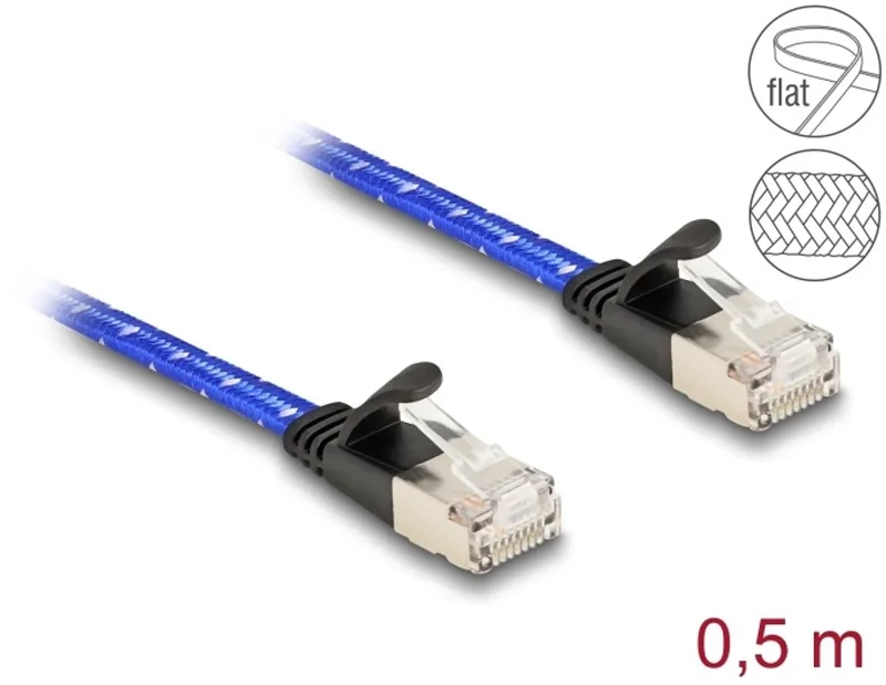 RJ45 flat network cable with braided coating Cat.6A U/FTP 0.5 m blue van Delock in Blauw – productfoto