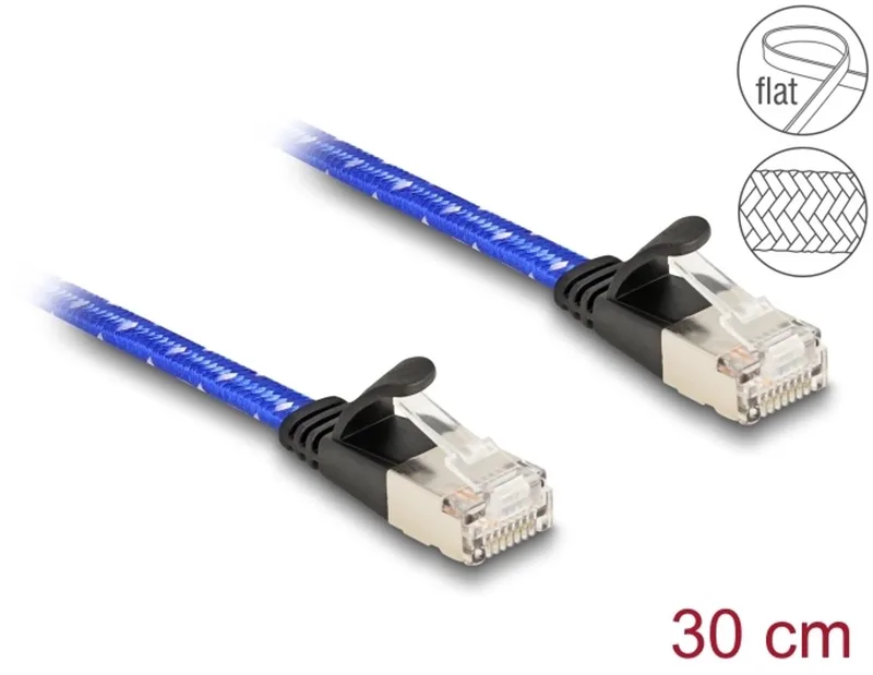 RJ45 flat network cable with braided coating Cat.6A U/FTP 0.3 m blue von Delock in Blau – Produktfoto