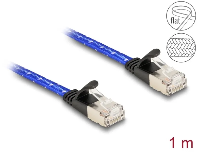 RJ45 flat network cable with braided coating Cat.6A U/FTP 1 m blue von Delock in Blau – Produktfoto