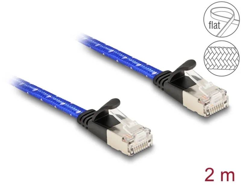 RJ45 flat network cable with braided coating Cat.6A U/FTP 2 m blue van Delock in Blauw – productfoto