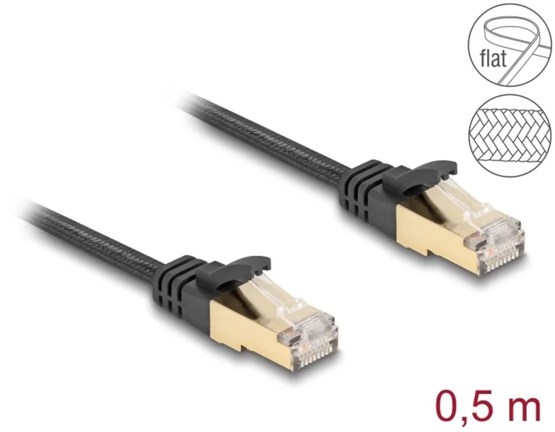 RJ45 Flat Network Cable with braided jacket Cat.6A U/FTP plug to plug 0.5 m black van Delock in Zwart – productfoto