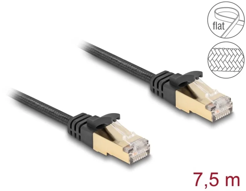RJ45 Flat Network Cable with braided jacket Cat.6A U/FTP plug to plug 7.5 m black fra Delock i Sort – produktbillede