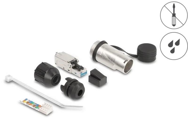 RJ45 Modular Plug field-assembly Cat.6A with robust cable plug housing and protective cap suitable for the Delock feed-through couplers 67061 and 67062 IP66 dust and waterproof von Delock in Schwarz – Produktfoto