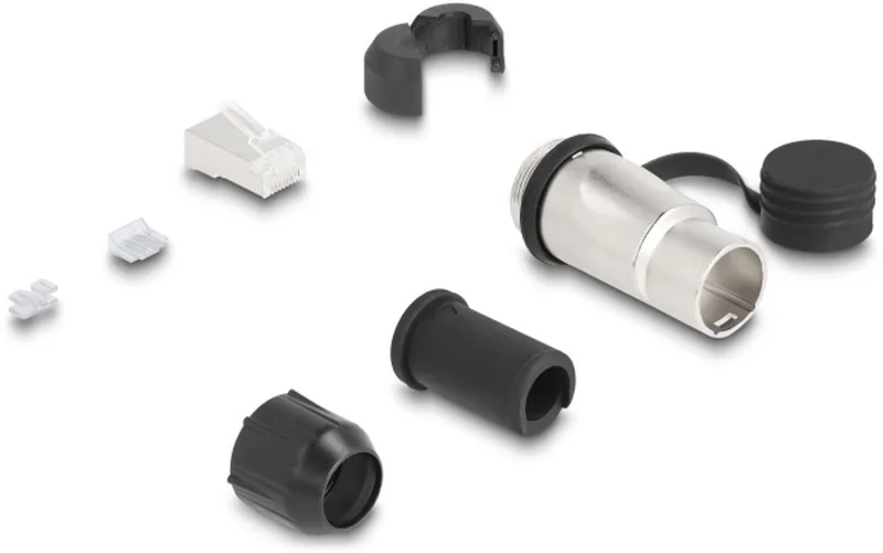 RJ45 Modular Plug for self-assembly Cat.6A with robust cable plug housing and protective cap suitable for the Delock feed-through couplers 67061 and 67062 von Delock in Schwarz, Metallic – Produktfoto