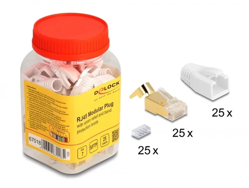 RJ45 Modular Plug with strain relief and bend protection boots for Cat.7 round cables 25 pcs set de Delock en Or, Blanc – photo produit