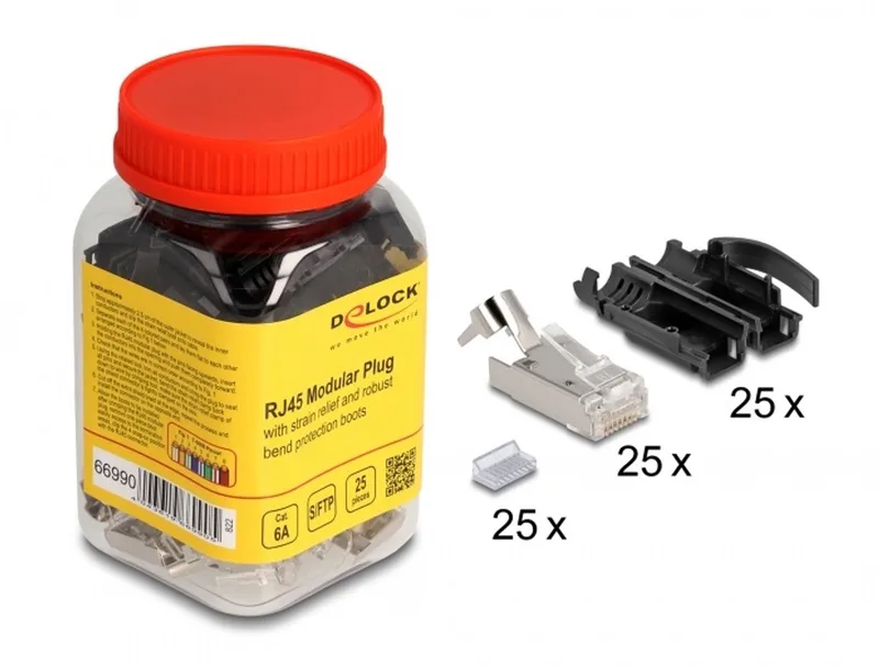 RJ45 Modular plug with strain relief Cat.6A and robust bend protection boots 25 pcs set de Delock en Noir, Argent – photo produit