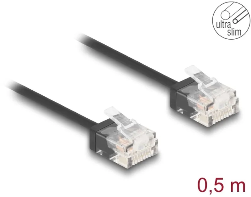 RJ45 Network Cable Cat.6 UTP Ultra Slim 0.5 m black with short plugs van Delock in Zwart – productfoto