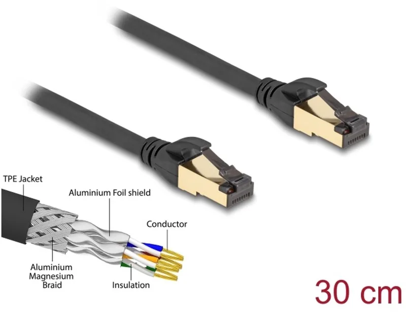 RJ45 Network Cable Cat.6A male to male S/FTP black 30 cm with Cat.7 raw cable suitable for industrial and outdoor use de Delock en Noir – photo produit