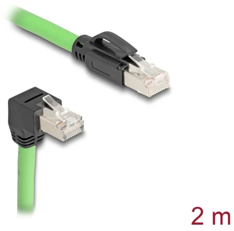 RJ45 Network Cable Cat.6A plug to plug downwards angled SF/UTP suitable for drag chains PUR (TPU) 2 m green by Delock in Green – product photo