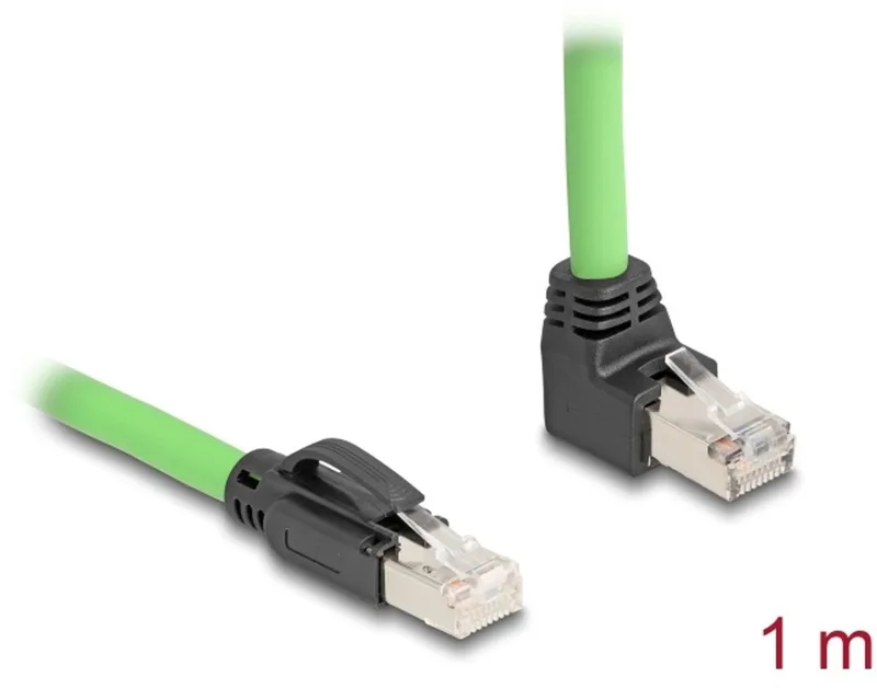 RJ45 Network Cable Cat.6A plug to plug upwards angled SF/UTP suitable for drag chains PUR (TPU) 1 m green by Delock in Black, Green – product photo