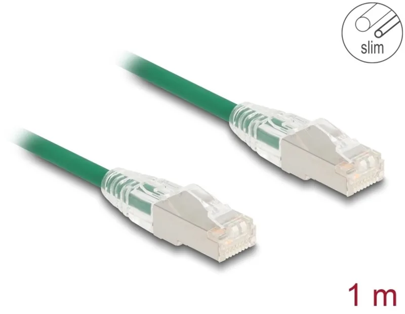 RJ45 Network Cable Cat.6A plug to plug with curved latch U/FTP Slim 1 m green by Delock in Green – product photo